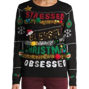 Juniors Stressed Blessed & Christmas Obsessed Sweater - Size Small 3/5 NWT